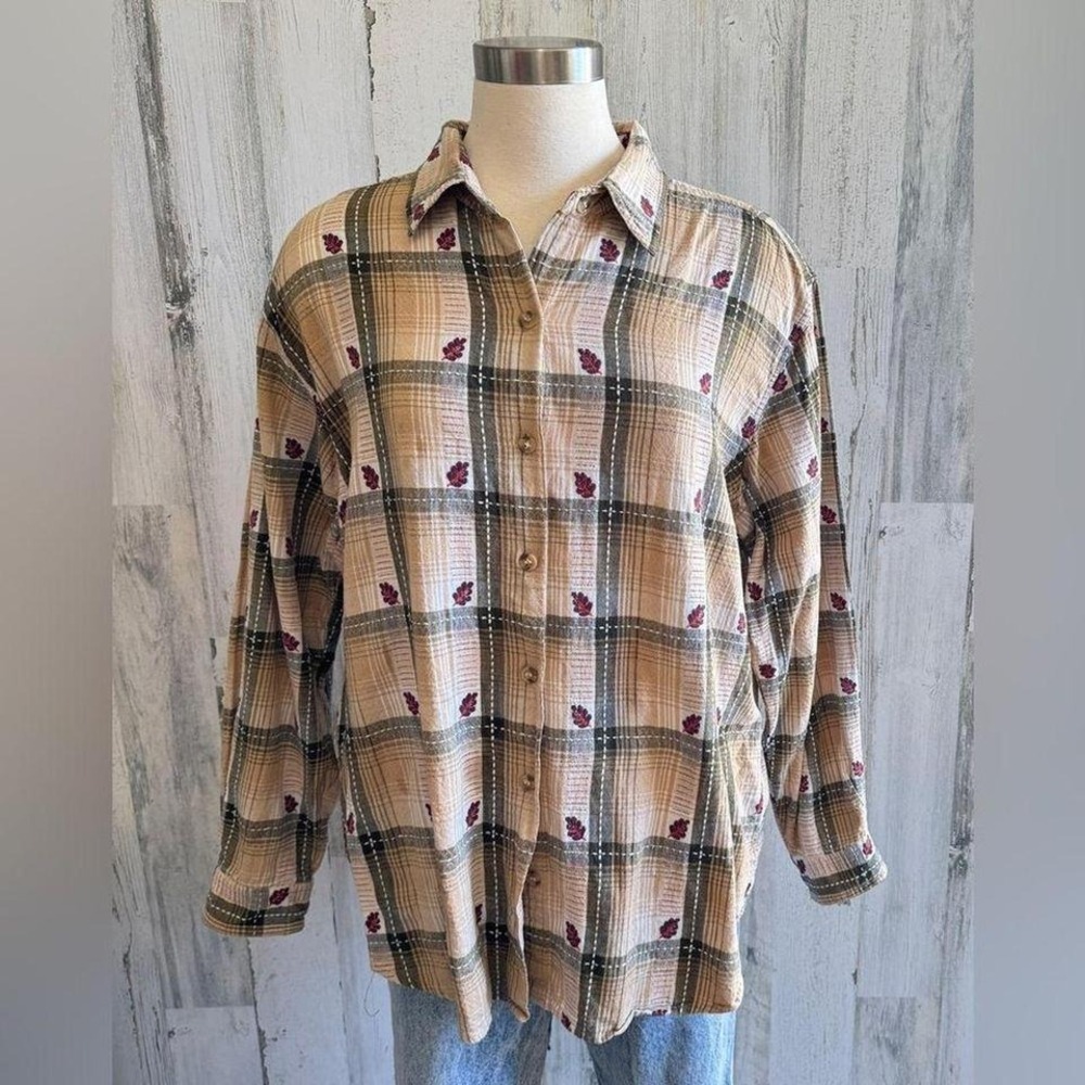 Vintage Plaid Button-Up Shirt 1X Cozy Fall Style Leaf Accents Thanksgiving - Picture 1 of 7